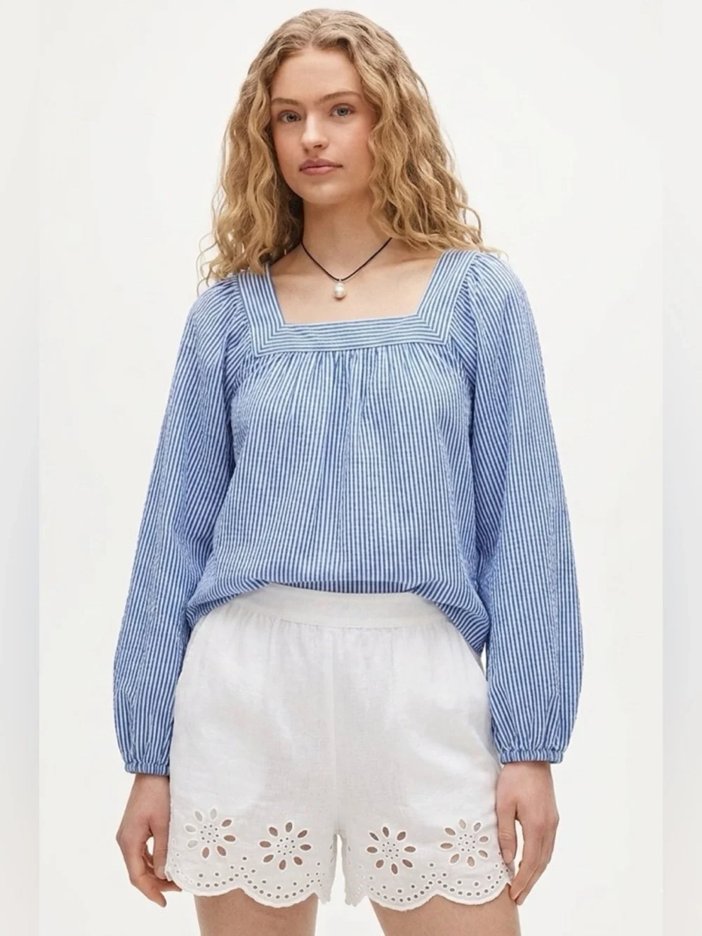 J. Crew Blue/White Striped Seersucker Square-Neck Top Size XS Coastal Beach Boho